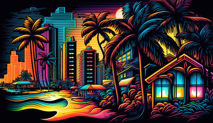 Futuristic Hawaii city, Digital art, AI generative
