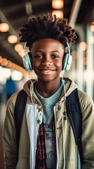 Sticker - A young boy wearing headphones and a backpack. Generative AI.