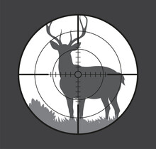 Deer Target, Hunting Sport Rifle Scope With Wild Forest Animal On Nature Landscape Vector Background. Gray Silhouette Of Deer Stag With Big Antlers In Round Telescopic Sight With Crosshair