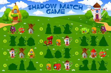 Poster - Shadow match game. Cartoon fairytale house buildings. Shadow match kids puzzle, silhouette find vector worksheet with eggplant, strawberry, windmill and watering can, pear, pineapple fantasy dwelling