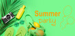 Leinwandbild Motiv Banner for summer party with beach accessories, citrus fruits and photo camera