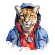 A watercolor painting of a tiger wearing a hoodie. Generative AI.