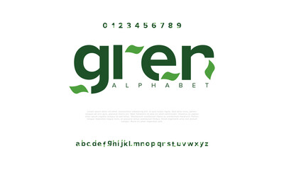 Poster - Green nature abstract digital technology logo font alphabet. Minimal modern urban fonts for logo, brand etc. Typography typeface uppercase lowercase and number. vector illustration