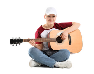 Sticker - Young woman playing guitar on white background