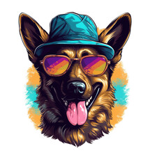 Watercolor Funny German Shepherd Dog Wearing Sunglasses . Generative AI