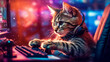 © Anderson Piza - A gamer cat with headphones, inside his gamer setup plays video games on a gamer PC. .Generative AI