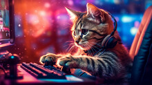 A Gamer Cat With Headphones, Inside His Gamer Setup Plays Video Games On A Gamer PC. .Generative AI