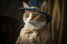 Cat Dressed In Vintage Clothes In Victorian Style, Portrait In The Style Of The 19th Century, Funny Cute Cat In Human Clothes. AI Generated Image.