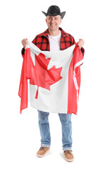 Poster - Mature man with flag of Canada on white background