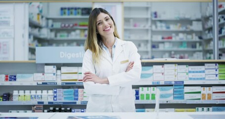 Wall Mural - Happy woman, pharmacist and arms crossed in healthcare confidence for advice or life insurance at pharmacy. Portrait of confident female medical expert with smile for health or wellness at the clinic