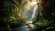 Tropical rainforest waterfall in the jungle landscape. Palm trees pond misty morning flowers and tropics.