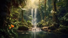 Tropical Rainforest Waterfall In The Jungle Landscape. Palm Trees Pond Misty Morning Flowers And Tropics.