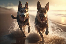 Couple Dogs Running Beach Water Splash Sunlight Morning, Generative AI