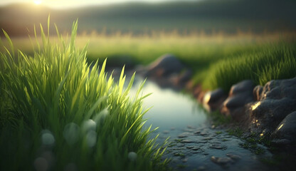 Wall Mural - green grass field with blue sky morning sunlight bokeh, Generative AI