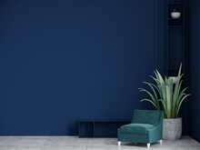 Living Room In Deep Dark Colors Accent. Trendy Blue Interior In A Minimalist Modern Style With Navy Paint And Green Furniture. Empty  Wall For Art. Mockup Design - Lounge Or Hall Area. 3d Rendering