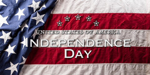 Happy Independence day concept made from American flag and the text on dark wooden background.