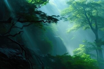 Poster - lush green forest with tall trees and sunlight filtering through the leaves Generative AI