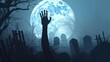 the moon hangs over dead, but hands rise from graves, in the style of zombiecore, light blue and blue, highly detailed environments, made of mist, haunting figuratism, generate ai