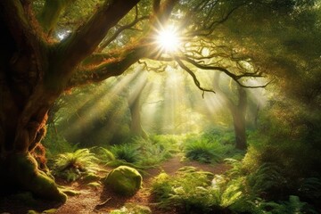 Poster - sunrays filtering through the dense foliage of a forest Generative AI
