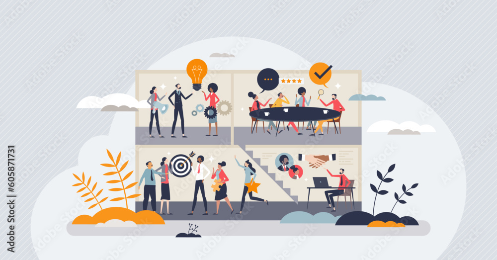 Business operations and professional company work process tiny person ...