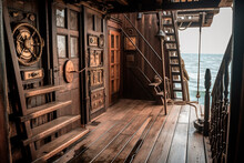 Deck Of A Pirate Ship With A Door To The Captain's Quarters And Stairs Leading To The Galley
