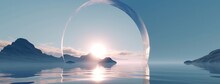 3d Rendering, Abstract Panoramic Background, Northern Seascape, Fantastic Scenery With Calm Water, Flat Geometric Mirror Arches And Plain Gradient Sky. Aesthetic Landscape, Generative AI
