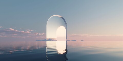 3d render, abstract zen seascape background. Nordic surreal scenery with mirror arch, calm water and pastel gradient sky. Futuristic minimalist, Generative AI