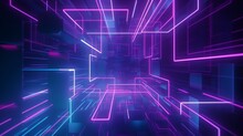 3d Render, Abstract Geometric Background With Shapes And Neon Lines Glowing In Ultraviolet Light, Generative AI