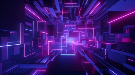 Wall Mural - 3d render, abstract geometric background with shapes and neon lines glowing in ultraviolet light, Generative AI