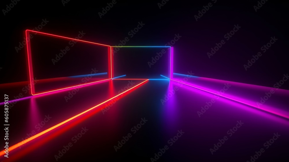 3d render, abstract black background with red pink blue neon geometric ...