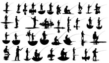 Set Of Silhouettes Of Various Positions And Poses Of Men Fishing