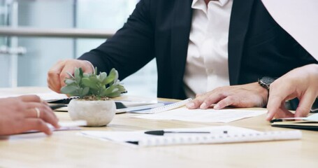 Aufkleber - Closeup, business people and paperwork in corporate meeting at table for planning report, contract and strategy. Hands, team and employees with documents for brainstorming of executive project