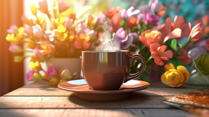 Sticker - Coffee cup wooden table with flowers spring season calm relax coffee hot generative,Generative AI