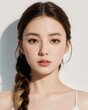 Portrait of beautiful japanese women with french braid wearing ballet dress, simple studio background, by generative AI