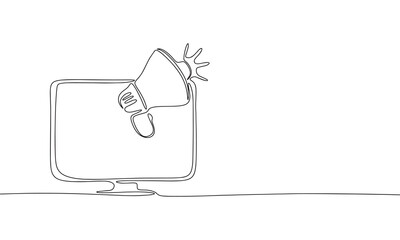 Fototapete - Loudspeaker from monitor. One line continuous abstract conception of study or business. Line art, outline, silhouette, vector illustration.