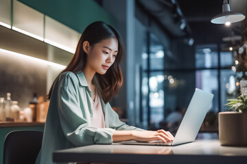 Happy Asian girl in formal office attire working joyfully on her laptop in a modern and cozy office setting. generative AI.