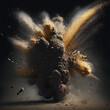big powerful explosion. a lot of dust and fragments flying to the sides.