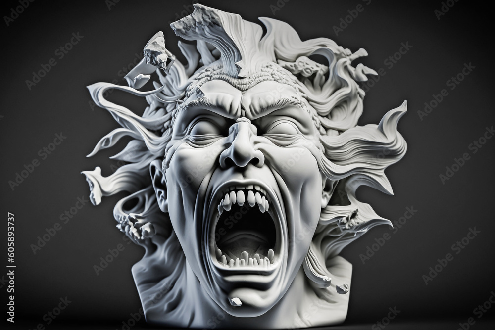 Mysterious angry man face monument with ominous decorations. 3D ...