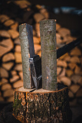 Poster - Axe cut in the chopping block in wood background. Lumber jacks wood cutting work tool.