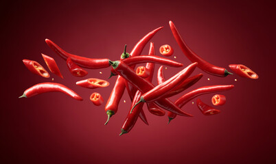 Red pepper is in motion on a red background.