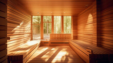 Front View Of Empty Finnish Sauna Room. Modern Interior Of Wooden Spa Cabin With Dry Steam. Generative Ai