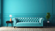 © Malika - green mint wall with sofa and sideboard on wood floor interior. Generative Ai