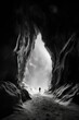 a silhouette of a person walking in the snow under the cave