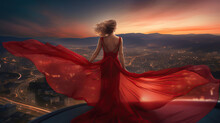 Fashion Woman In Red Fluttering Dress Back Side Rear View. Glamour Model Dancing With Long Silk Fabric Flying On Wind Over Night Sky City Light Landscape. Generative Ai