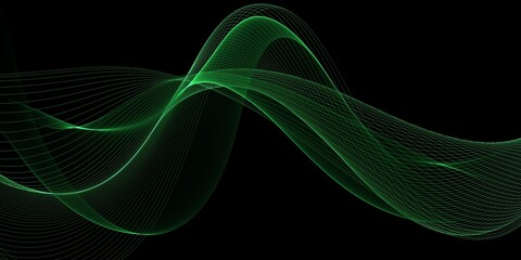 Abstract shiny color green wave design element on dark background. Science design