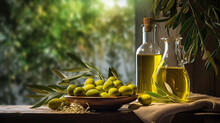Olive Oil And Olive Branch On The Wooden Table. Generative Ai