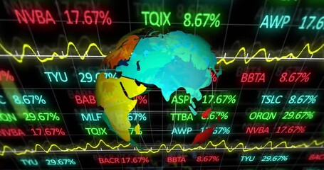 Poster - Animation of stock market data processing over spinning globe against black background