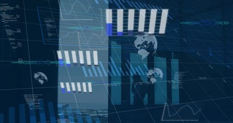 Poster - Animation of statistical data processing against man talking on smartphone at office