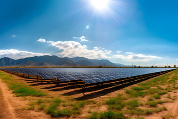 Wall Mural - Solar farm green energy blue sky, Generative AI