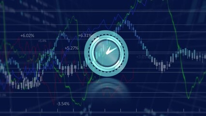 Poster - Animation of neon ticking clock over financial and stock market data processing on blue background